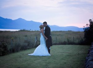 bride and groom, sunset